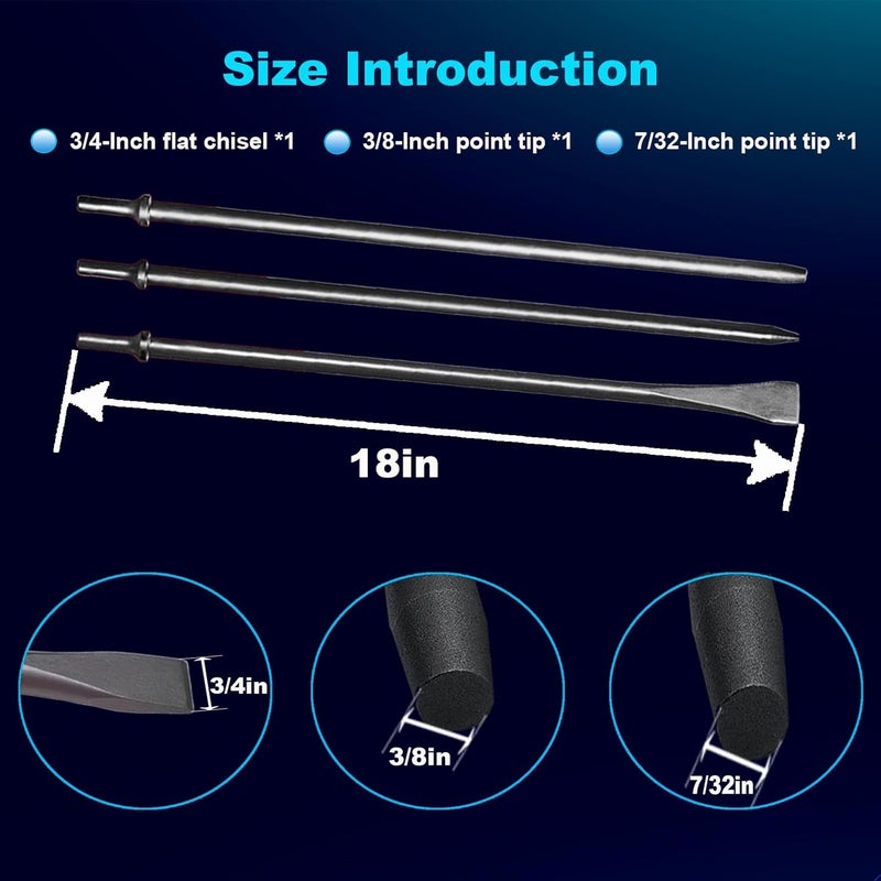 Phyxlyn Pneumatic Taper Punch and Air Cold Chisel Three-Piece Set, 7/32" x 18" Point Tip，3/8" x 18" Point Tip，3/4" x 18" Flat Chisel, 0.401" Shank Air Tool Suitable for Air Hammer, Cr-Mo Alloy Steel - Image 3